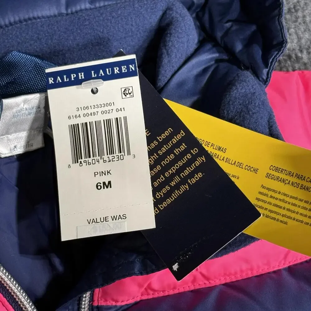 Ralph Lauren Jacket Infant Girls 6M Pink Navy Hooded Puffer Down Outerwear